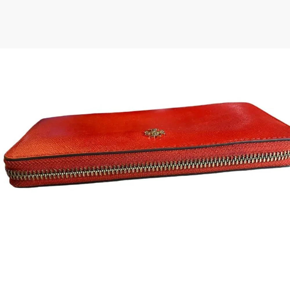 Tory Burch Round Zip Medium Continental Wallet in Red Saffiano Leather EUC